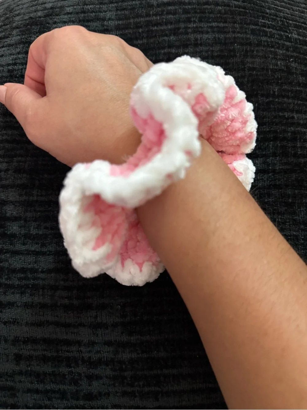 Soft Pink and White Flower Plush Scrunchie
